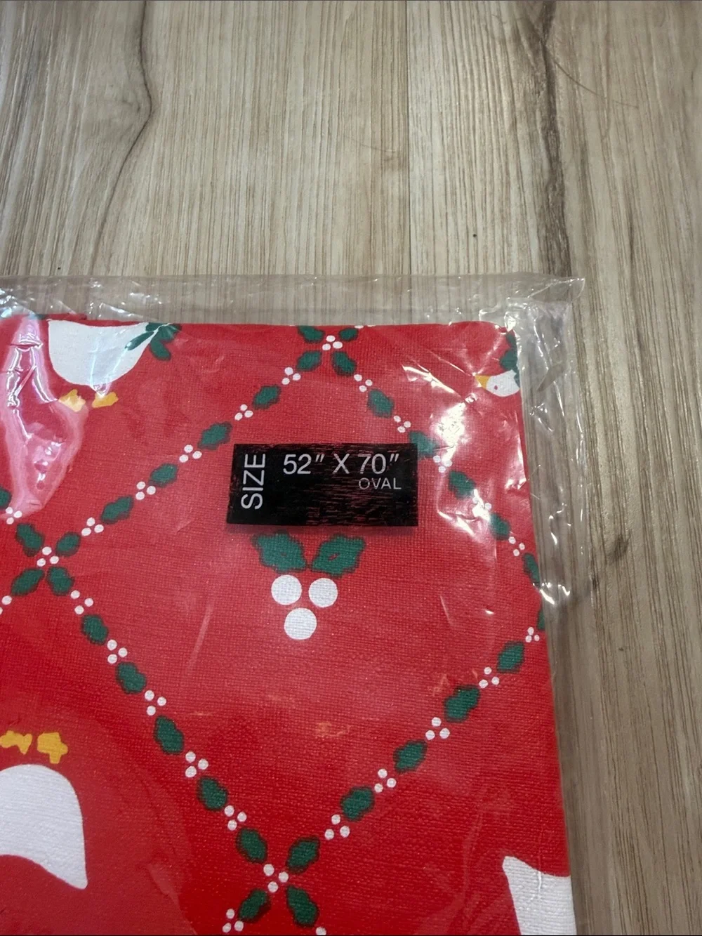 Vintage 1983 Christmas Goose Tablecloth 52x70 Oval Red Vinyl Flannel Back NOS U